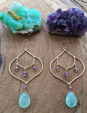 Load image into Gallery viewer, Mystic Sapphire Earrings | Chalcedony Earrings | Gold Vermeil Earrings | Bohemian Earrings | Gemstone Earrings | Chandelier Earrings