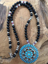 Load image into Gallery viewer, Kingman Turquoise Necklace | Zuni Pendant | Black Onyx | Genuine Ruby | Moonstone | Thai Silver | Bohemian | Gemstone | Tribal
