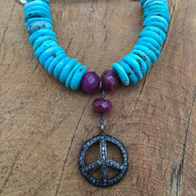 Load image into Gallery viewer, Pave Diamond Peace Bracelet | Sleeping Beauty Turquoise | Genuine Ruby | Sterling Silver | Leather | Bohemian | Gemstone