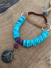 Load image into Gallery viewer, Pave Diamond Peace Bracelet | Sleeping Beauty Turquoise | Genuine Ruby | Sterling Silver | Leather | Bohemian | Gemstone