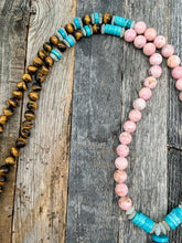 Load image into Gallery viewer, Pave Diamond Necklace | Leather Tassel Necklace | Kingman Turquoise | Rhodochrosite | Moonstone | Bohemian