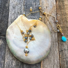 Load image into Gallery viewer, Black Tahitian Pearl Necklace | Labradorite | Turquoise | 24K Gold Vermeil | Bohemian | Gemstone