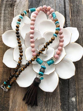 Load image into Gallery viewer, Pave Diamond Necklace | Leather Tassel Necklace | Kingman Turquoise | Rhodochrosite | Moonstone | Bohemian