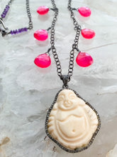 Load image into Gallery viewer, Happy Buddha Necklace | Pave Diamond | Fuchsia Chalcedony | Amethyst | Oxidized Sterling Silver