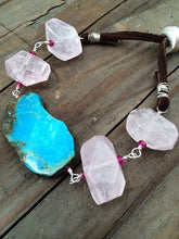Load image into Gallery viewer, Rose Quartz Bracelet | Kingman Turquoise | Genuine Rubies | Sterling Silver | Bohemian | Leather | Gemstone