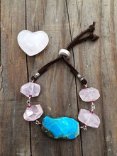 Load image into Gallery viewer, Rose Quartz Bracelet | Kingman Turquoise | Genuine Rubies | Sterling Silver | Bohemian | Leather | Gemstone