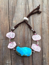 Load image into Gallery viewer, Rose Quartz Bracelet | Kingman Turquoise | Genuine Rubies | Sterling Silver | Bohemian | Leather | Gemstone