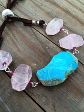 Load image into Gallery viewer, Rose Quartz Bracelet | Kingman Turquoise | Genuine Rubies | Sterling Silver | Bohemian | Leather | Gemstone
