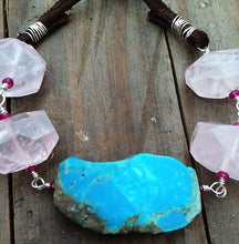 Load image into Gallery viewer, Rose Quartz Bracelet | Kingman Turquoise | Genuine Rubies | Sterling Silver | Bohemian | Leather | Gemstone