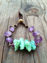 Load image into Gallery viewer, Druzy Nugget Bracelet / Amethyst Bracelet / Genuine Rubies / Green Druzy / Bohemian Bracelet / Leather Bracelet / 24K Gold Vermeil