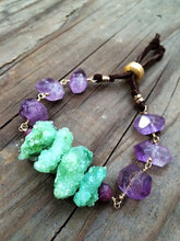 Load image into Gallery viewer, Druzy Nugget Bracelet / Amethyst Bracelet / Genuine Rubies / Green Druzy / Bohemian Bracelet / Leather Bracelet / 24K Gold Vermeil