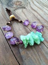 Load image into Gallery viewer, Druzy Nugget Bracelet / Amethyst Bracelet / Genuine Rubies / Green Druzy / Bohemian Bracelet / Leather Bracelet / 24K Gold Vermeil