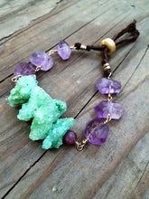 Load image into Gallery viewer, Druzy Nugget Bracelet / Amethyst Bracelet / Genuine Rubies / Green Druzy / Bohemian Bracelet / Leather Bracelet / 24K Gold Vermeil