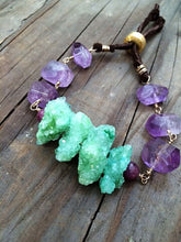Load image into Gallery viewer, Druzy Nugget Bracelet / Amethyst Bracelet / Genuine Rubies / Green Druzy / Bohemian Bracelet / Leather Bracelet / 24K Gold Vermeil