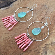 Load image into Gallery viewer, Coral Branch Earrings | Aqua Chalcedony Earrings | Moonstone Earrings | Hoop Earrings | Bohemian Earrings