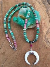Load image into Gallery viewer, Crescent Moon Necklace | Chrysoprase | Rhodochrosite | Genuine Ruby | Hematite | Gemstone Necklace | Bohemian