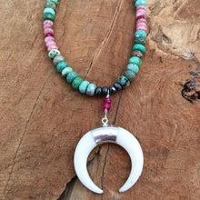 Load image into Gallery viewer, Crescent Moon Necklace | Chrysoprase | Rhodochrosite | Genuine Ruby | Hematite | Gemstone Necklace | Bohemian