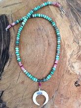 Load image into Gallery viewer, Crescent Moon Necklace | Chrysoprase | Rhodochrosite | Genuine Ruby | Hematite | Gemstone Necklace | Bohemian