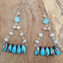 Load image into Gallery viewer, Kingman Turquoise Earrings | Oyster Bronze Matrix | Mystic Champagne Chalcedony | Blue Chalcedony | Chandelier Earrings