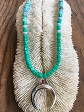 Load image into Gallery viewer, Mother of Pearl Crescent Moon Necklace | Chrysoprase | Peruvian Opal | Ruby | Double Horn | Gemstone | Bohemian