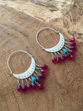 Load image into Gallery viewer, Sterling Silver Crescent Moon Earrings | Rubellite Tourmaline | Turquoise | Hoop Earrings | Bohemian | Gemstone