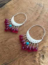 Load image into Gallery viewer, Sterling Silver Crescent Moon Earrings | Rubellite Tourmaline | Turquoise | Hoop Earrings | Bohemian | Gemstone