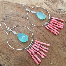 Load image into Gallery viewer, Coral Branch Earrings | Aqua Chalcedony Earrings | Moonstone Earrings | Hoop Earrings | Bohemian Earrings