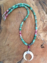 Load image into Gallery viewer, Crescent Moon Necklace | Chrysoprase | Rhodochrosite | Genuine Ruby | Hematite | Gemstone Necklace | Bohemian