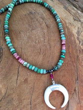 Load image into Gallery viewer, Crescent Moon Necklace | Chrysoprase | Rhodochrosite | Genuine Ruby | Hematite | Gemstone Necklace | Bohemian