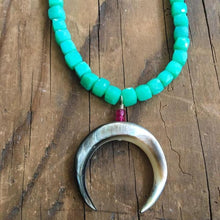Load image into Gallery viewer, Mother of Pearl Crescent Moon Necklace | Chrysoprase | Peruvian Opal | Ruby | Double Horn | Gemstone | Bohemian