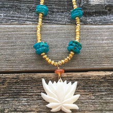 Load image into Gallery viewer, Carved Bone Lotus Necklace | Carnelian | Pyrite | Jasper | Bohemian | Gemstone | Zen Necklace