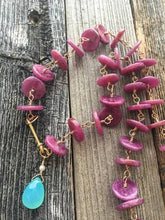 Load image into Gallery viewer, Thunderbird Necklace | Natural Raw Ruby | Aqua Chalcedony | 24K Gold Vermeil | Bohemian | Gemstone | July Birthstone