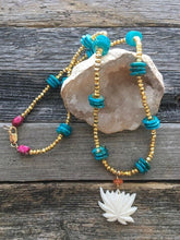 Load image into Gallery viewer, Carved Bone Lotus Necklace | Carnelian | Pyrite | Jasper | Bohemian | Gemstone | Zen Necklace