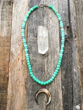Load image into Gallery viewer, Mother of Pearl Crescent Moon Necklace | Chrysoprase | Peruvian Opal | Ruby | Double Horn | Gemstone | Bohemian