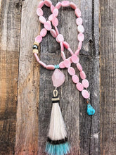 Load image into Gallery viewer, Pink Conch Shell Necklace | Tahitian Pearl | Rose Quartz | Peruvian Opal | Turquoise | Tassel | Layered | Long Necklace