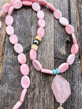 Load image into Gallery viewer, Pink Conch Shell Necklace | Tahitian Pearl | Rose Quartz | Peruvian Opal | Turquoise | Tassel | Layered | Long Necklace