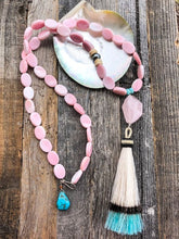 Load image into Gallery viewer, Pink Conch Shell Necklace | Tahitian Pearl | Rose Quartz | Peruvian Opal | Turquoise | Tassel | Layered | Long Necklace