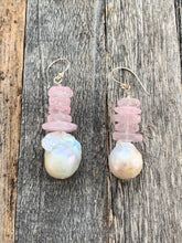 Load image into Gallery viewer, Fireball Pearl Earrings | Rose Quartz Earrings | Sterling Silver | Beach Style | Bohemian | Raw Gemstone