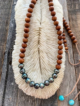 Load image into Gallery viewer, Tahitian Pearl Necklace | Sandalwood | Kingman Turquoise | Greek Leather | Long Necklace | Beach Style