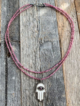 Load image into Gallery viewer, Pave Diamond Hamsa Necklace | Pink Tourmaline | Enamel | Sterling Silver | Gemstone | Bohemian