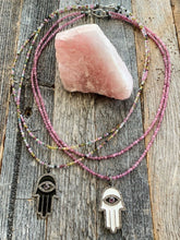 Load image into Gallery viewer, Pave Diamond Hamsa Necklace | Pink Tourmaline | Enamel | Sterling Silver | Gemstone | Bohemian