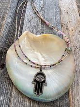 Load image into Gallery viewer, Genuine Pave Diamond Hamsa Necklace | Tourmaline | Enamel | Sterling Silver | Gemstone Necklace | Bohemian