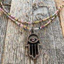 Load image into Gallery viewer, Genuine Pave Diamond Hamsa Necklace | Tourmaline | Enamel | Sterling Silver | Gemstone Necklace | Bohemian