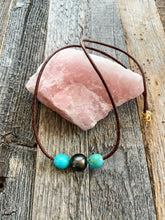 Load image into Gallery viewer, Genuine Black Tahitian Pearl Necklace | Kingman Turquoise | Luxurious Greek Leather | 24K Gold Vermeil