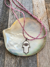 Load image into Gallery viewer, Pave Diamond Hamsa Necklace | Pink Tourmaline | Enamel | Sterling Silver | Gemstone | Bohemian