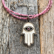 Load image into Gallery viewer, Pave Diamond Hamsa Necklace | Pink Tourmaline | Enamel | Sterling Silver | Gemstone | Bohemian
