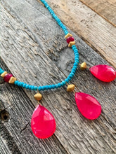 Load image into Gallery viewer, Fuchsia Chalcedony Necklace | Arizona Turquoise | Cats Eye | 24K Gold Vermeil | Exotic | Bohemian | Beach Style