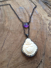 Load image into Gallery viewer, Carved Bone Buddha Necklace | Pave Diamond | Amethyst | Oxidized Sterling Silver | Gemstone | Bohemian