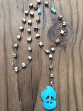 Load image into Gallery viewer, Pyrite Necklace | Turquoise Howlite | Peace Sign Necklace | Rosary Necklace | Bohemian | Sale
