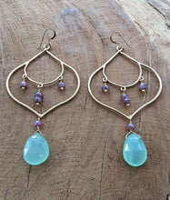 Load image into Gallery viewer, Mystic Sapphire Earrings | Chalcedony Earrings | Gold Vermeil Earrings | Bohemian Earrings | Gemstone Earrings | Chandelier Earrings
